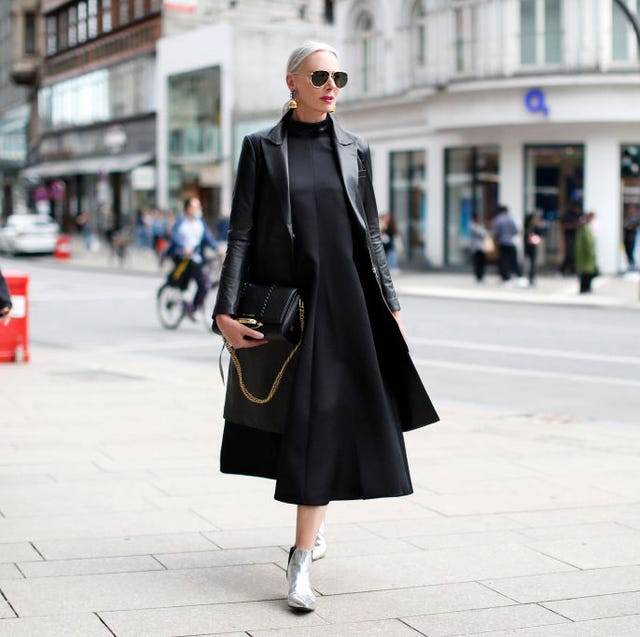 Monochromatic Black Ensemble with a Fitted Leather Blazer — Long Coat Outfits