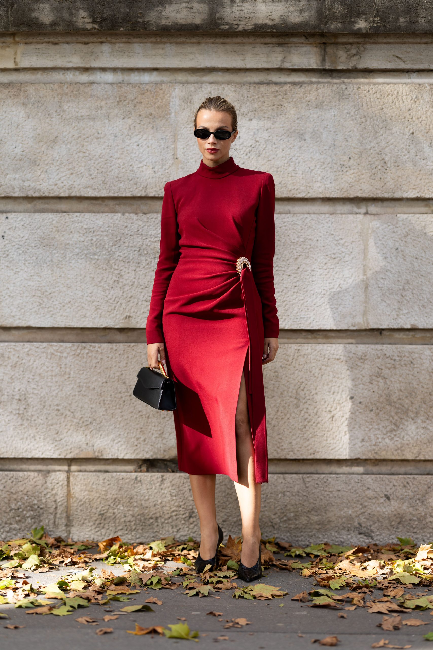 Red Long-Sleeve Midi Dress with Embellished Waist — Winter Dinner Outfits