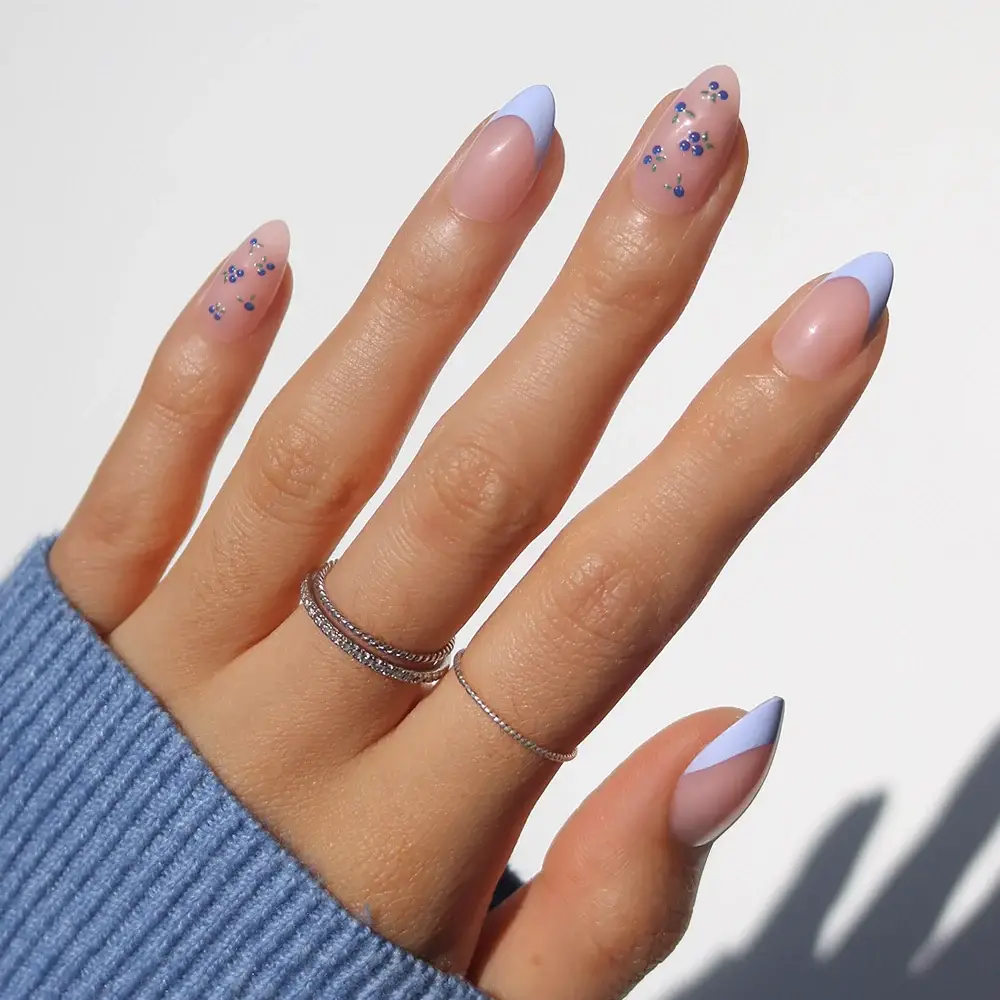 Sheer Nude Light Blue French Almonds Sheer Nude Light Blue French Almonds — Almond Nail Designs