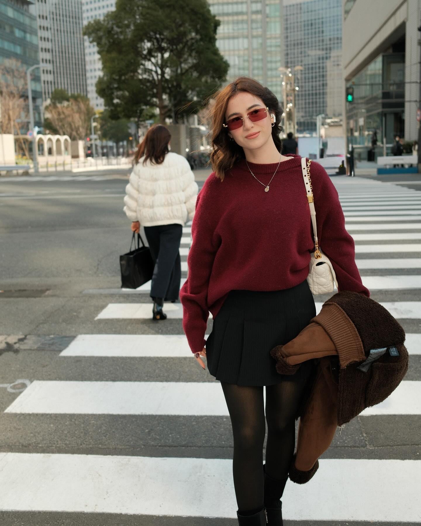 Chic Contrast: Burgundy Sweater with Pleated Mini Skirt — Japan Winter Outfits