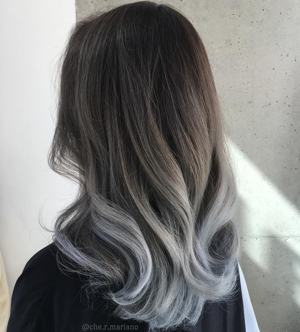 Dark Brown to Ash Grey Lob Dark Brown to Ash Grey Lob — Winter Ombre Hair