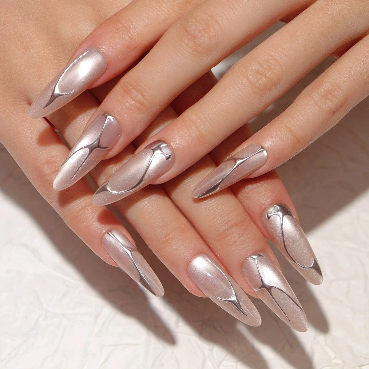 Sheer Nude Abstract Silver Chrome Lines — Chrome Nail Designs
