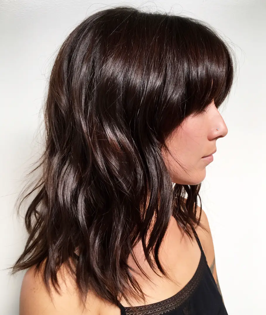 Shoulder-Length Shag With Blunt Bangs — Dark Chocolate Brown Hair
