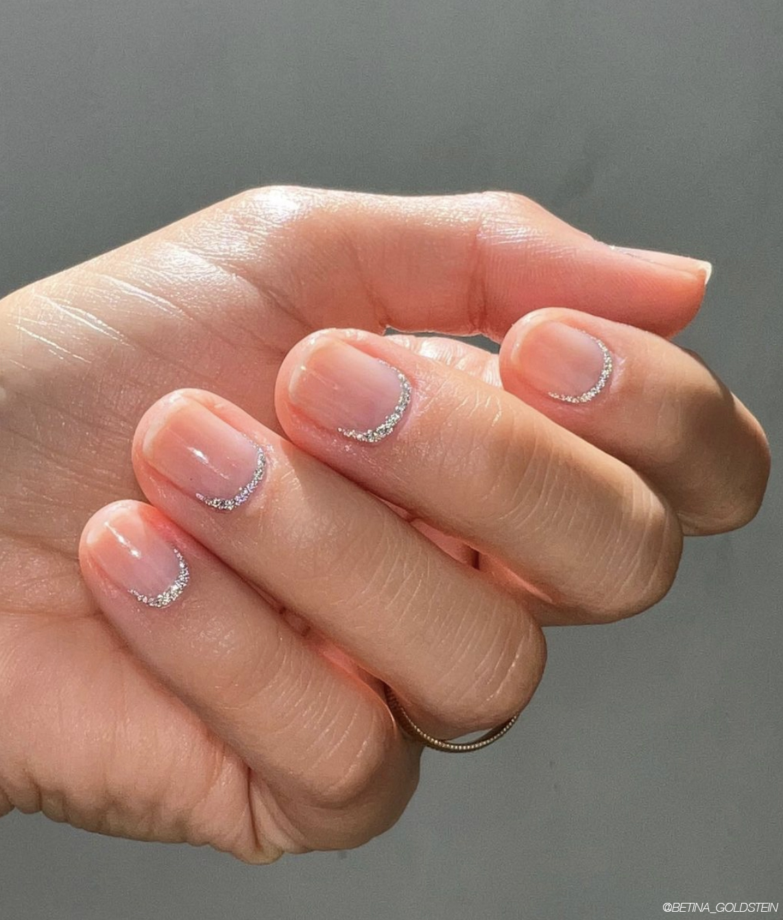Sheer Pink French Fade with Silver Cuticle Glitter Sheer Pink French Fade with Silver Cuticle Glitter — Short Nail Designs