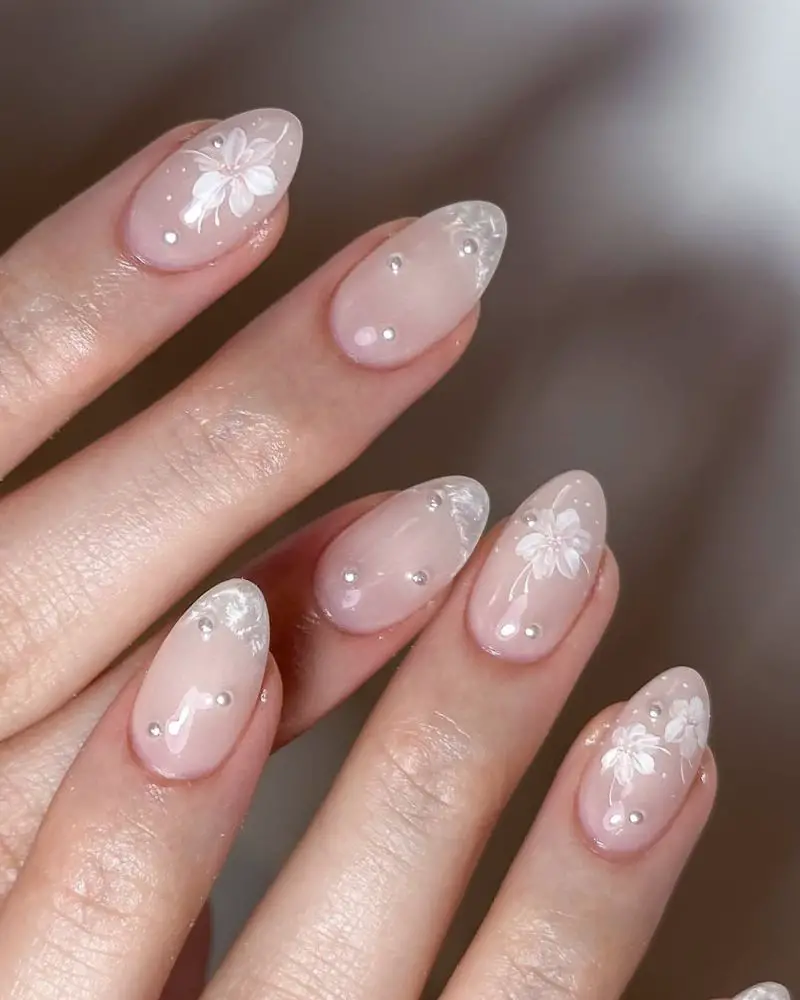 White Floral Pearl Oval Nails — Winter Wedding Nails
