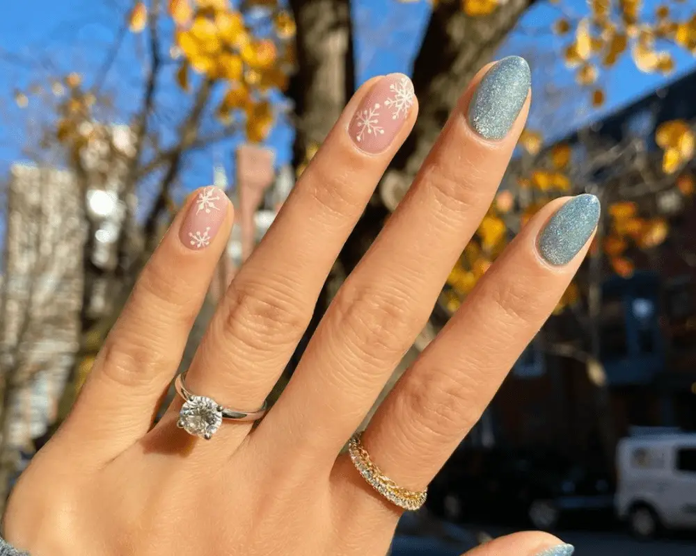 Pale Pink Snowflake Glitter Almonds — Winter Dip Powder Nails
