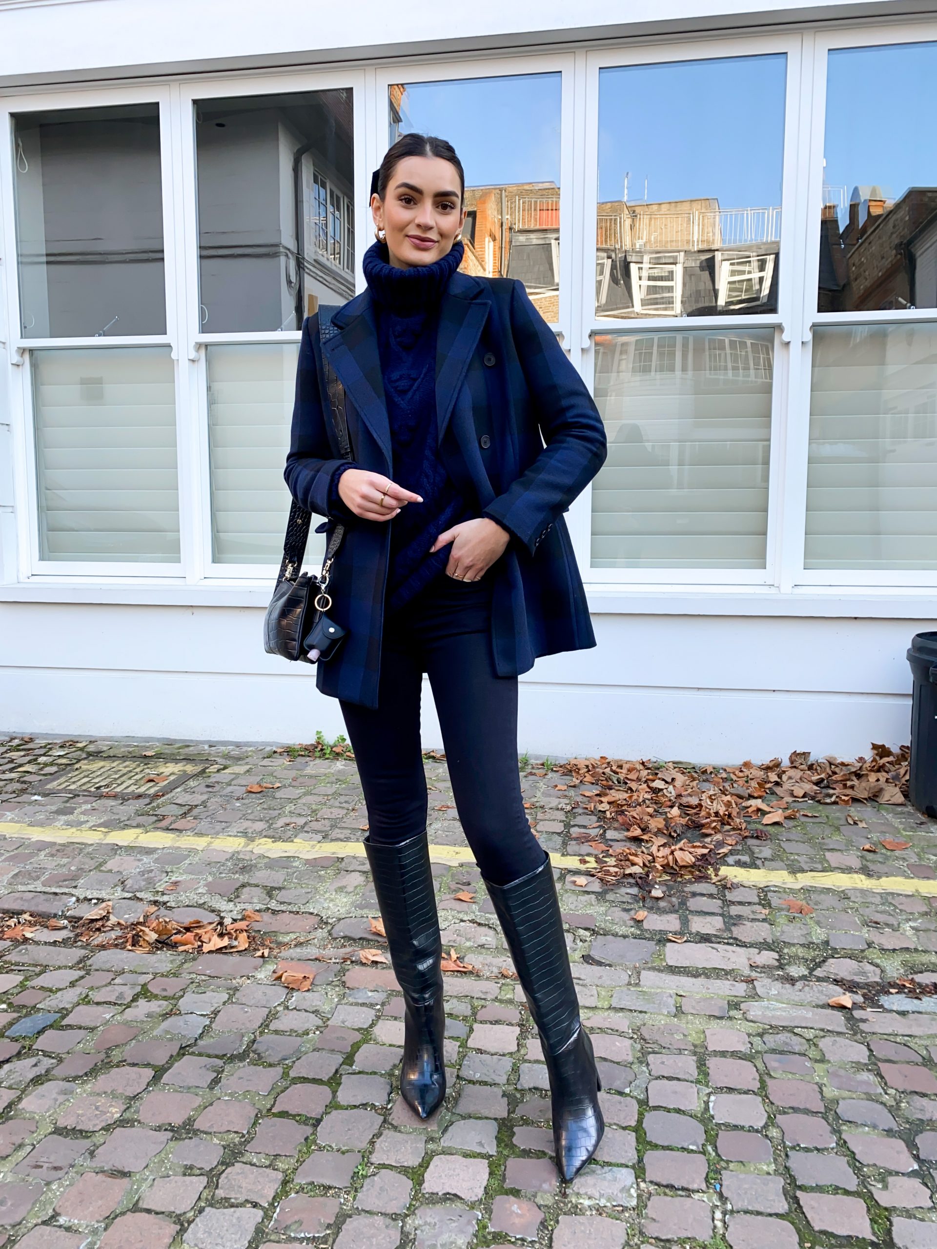 Sophisticated Layers: Navy Plaid Blazer and Cable-Knit Turtleneck Sophisticated Layers: Navy Plaid Blazer and Cable-Knit Turtleneck — February Outfits