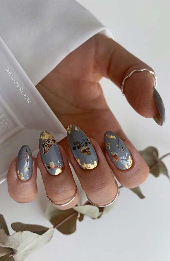 Grey Oval Nails with Botanical Art and Gold Leaf Grey Oval Nails with Botanical Art and Gold Leaf — Winter Nail Colors for Women Over 40
