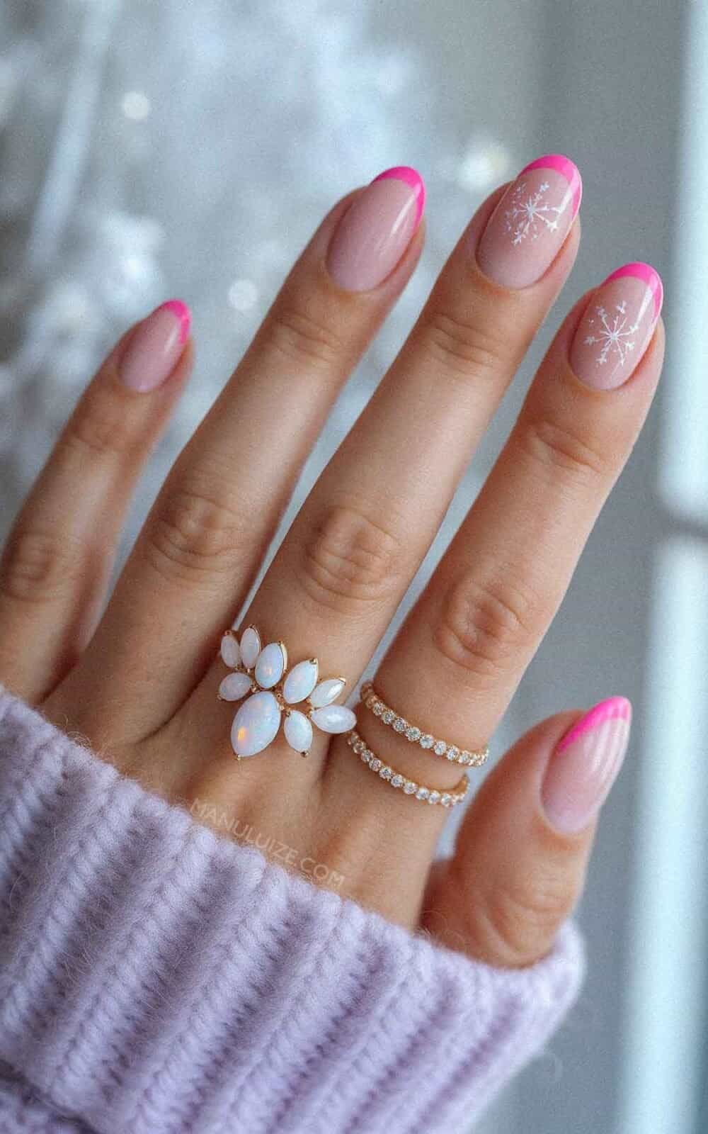 Vibrant Pink French Tips With Snowflakes Vibrant Pink French Tips With Snowflakes — Short Winter Nails