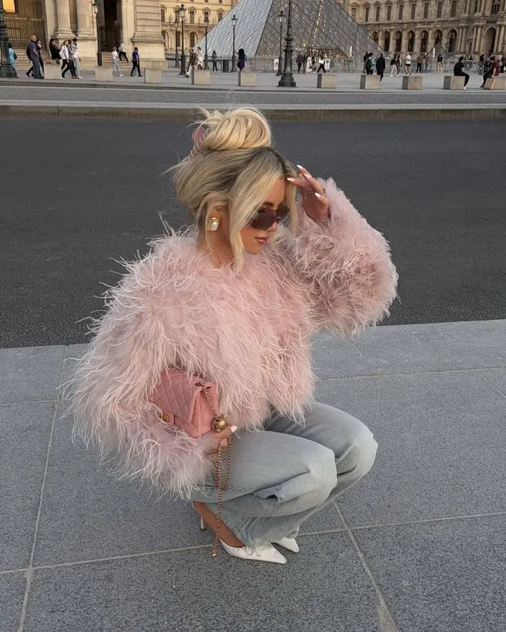 Playful Pale Pink Faux Fur Jacket with Wide-Leg Denim Playful Pale Pink Faux Fur Jacket with Wide-Leg Denim — Faux Fur Coat Outfits