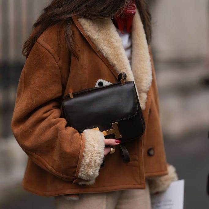 Brown Suede Shearling Jacket with Red Bandana Accent — Shearling Coat Outfits