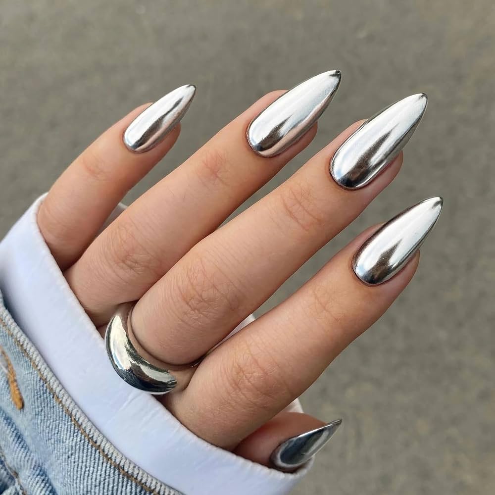 Qsnidy Chrome Press On Nails Medium Almond, Metallic Silver Mirrored | Salon Quality Press Ons, Natural