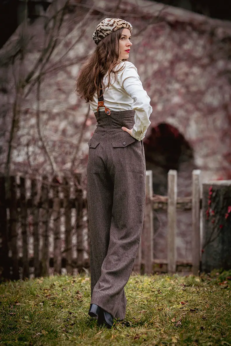 Pinstripe Trousers with Suspenders and Beret — Dark Academia Winter Outfits