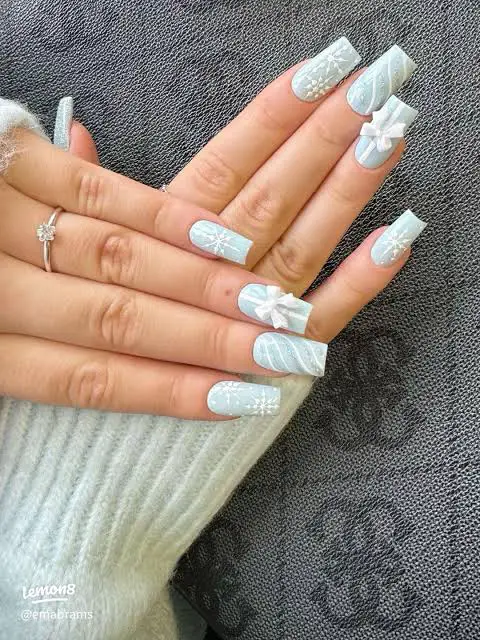 Matte Light Blue Snowflake 3D Bow Nails Matte Light Blue Snowflake 3D Bow Nails — Winter Square Nails