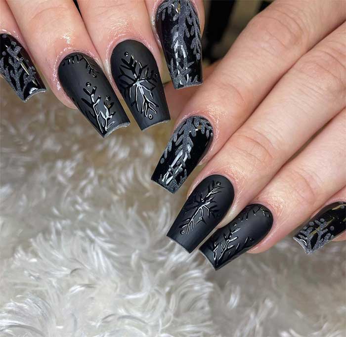 Matte Black With Glossy Embossed Snowflakes Matte Black With Glossy Embossed Snowflakes — Winter Black Nails