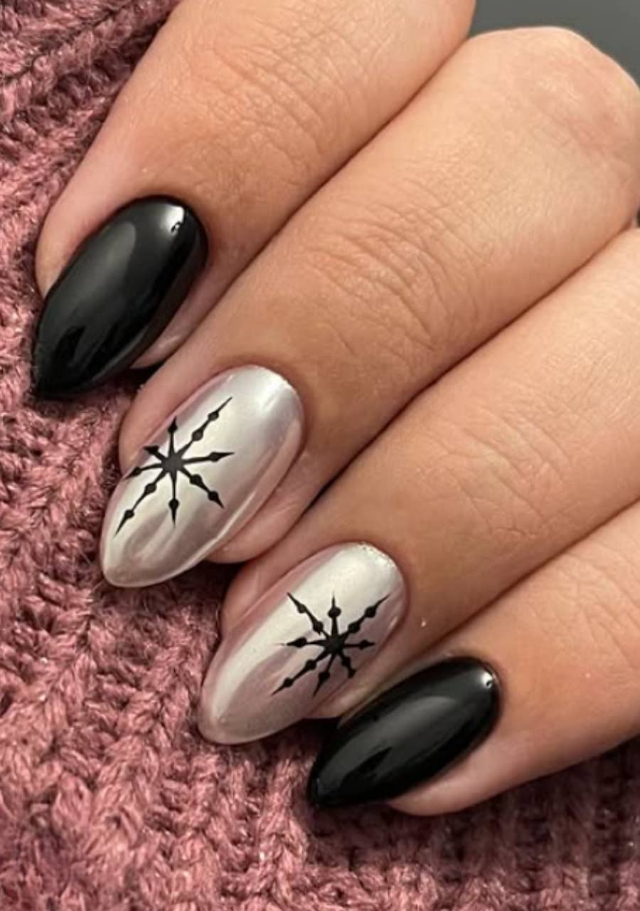Glossy Black with Silver Snowflake Accents Glossy Black with Silver Snowflake Accents — Winter Acrylic Nail Colors