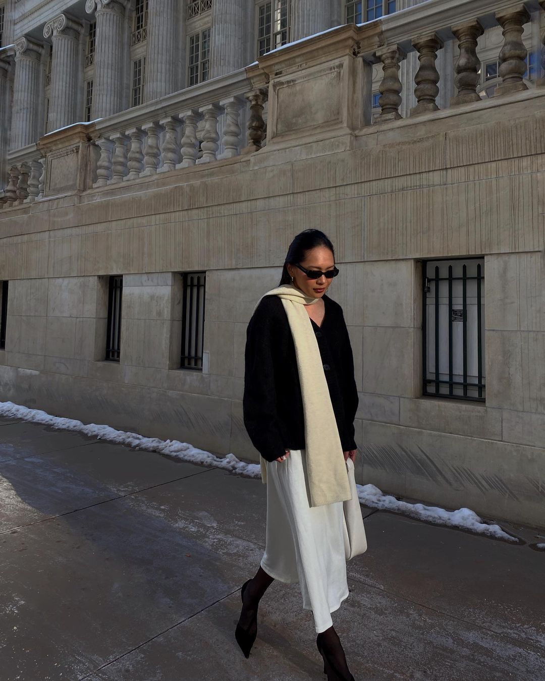 Cardigan and Scarf Layering with a Sheer Dress Cardigan and Scarf Layering with a Sheer Dress — Winter Outfits for Warm Weather