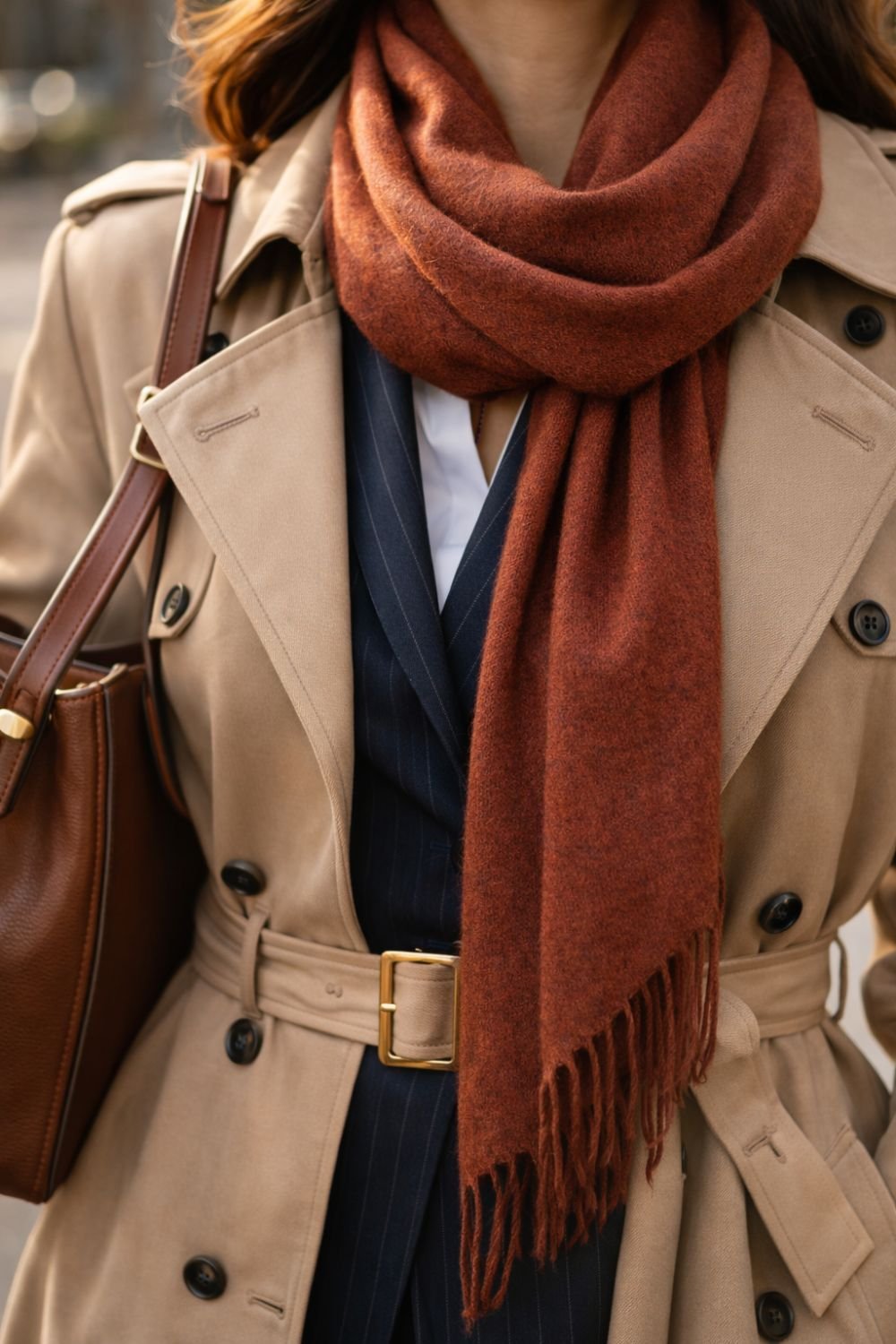Classic Beige Trench with Navy Vest and Rust Scarf Classic Beige Trench with Navy Vest and Rust Scarf — Winter Layering Outfits
