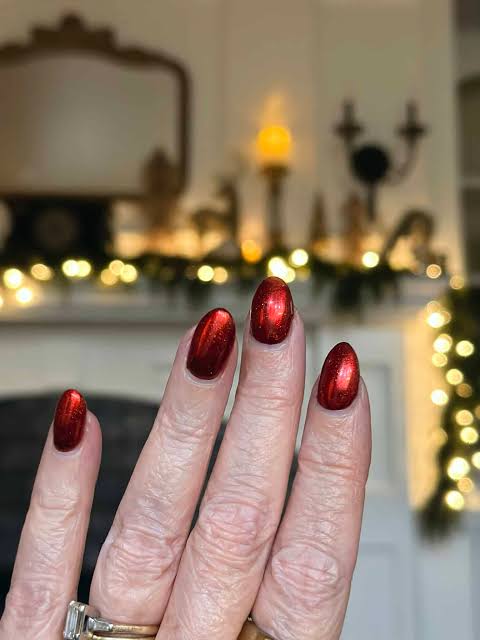 Metallic Red Glitter Oval Nails Metallic Red Glitter Oval Nails — Winter Nail Colors for Women Over 50
