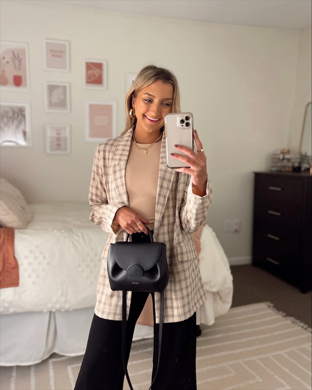Neutral Plaid Blazer Elevates Casual Top and Wide-Leg Trousers — Neutral Winter Outfits