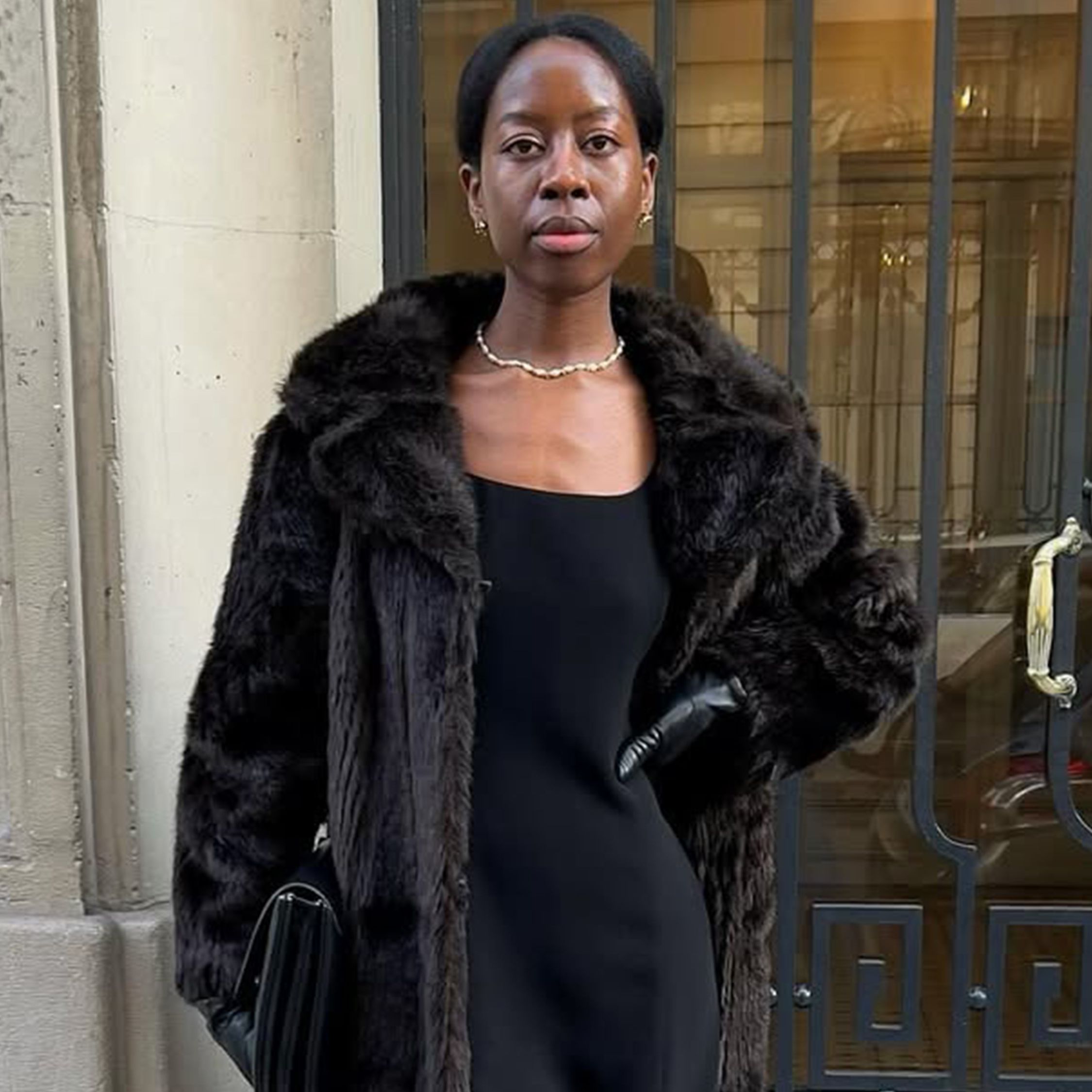 Sophisticated Dark Faux Fur Coat with a Black Slip Dress for Evening Sophisticated Dark Faux Fur Coat with a Black Slip Dress for Evening — NYC Winter Outfits