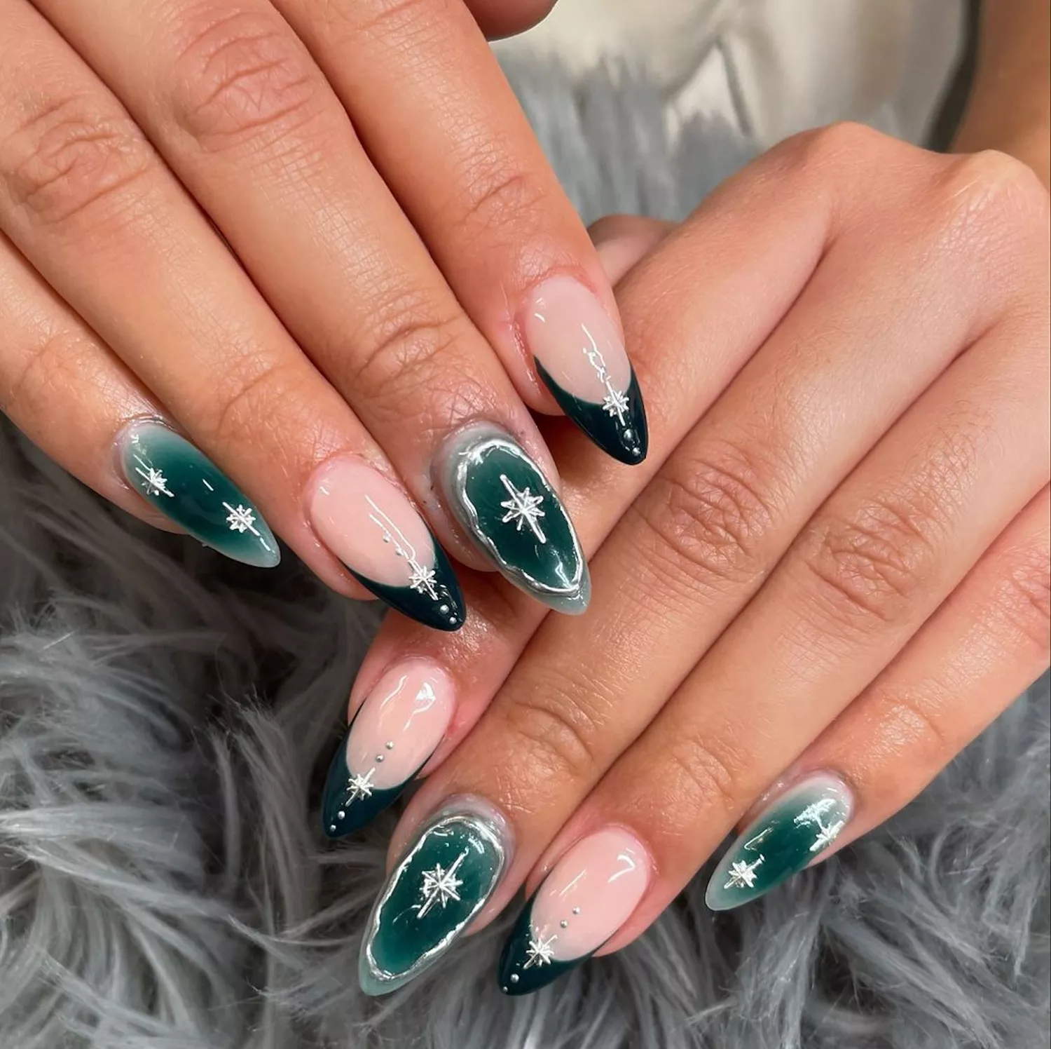 Green Silver Starburst French Tip Almond Green Silver Starburst French Tip Almond — Winter Green Nails
