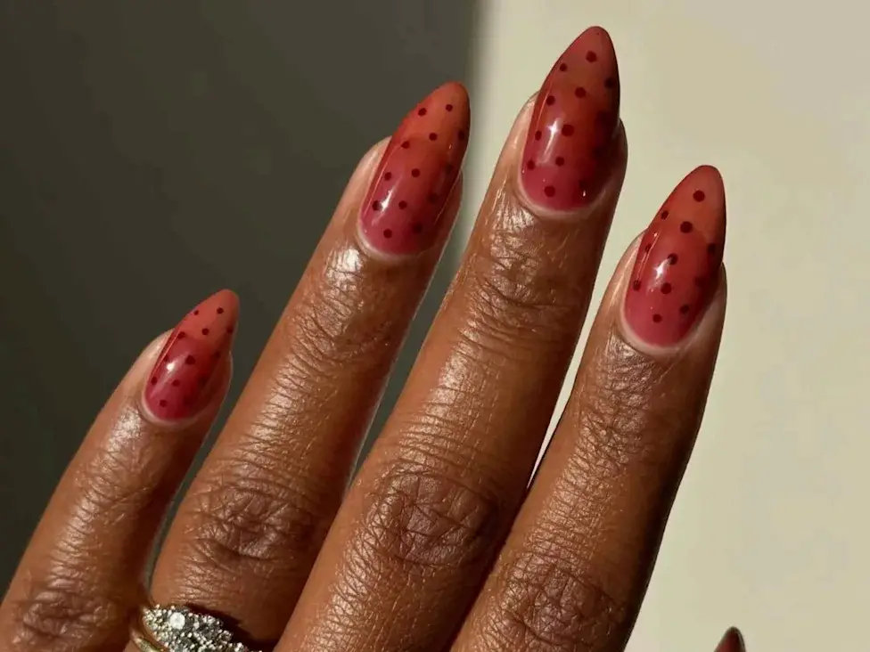 Playful Sheer Red with Dot Accents Playful Sheer Red with Dot Accents — Winter Red Nails