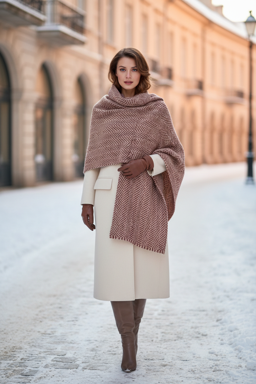 Elegant Cream Coat with Herringbone Knit Shawl — Classy Winter Outfits