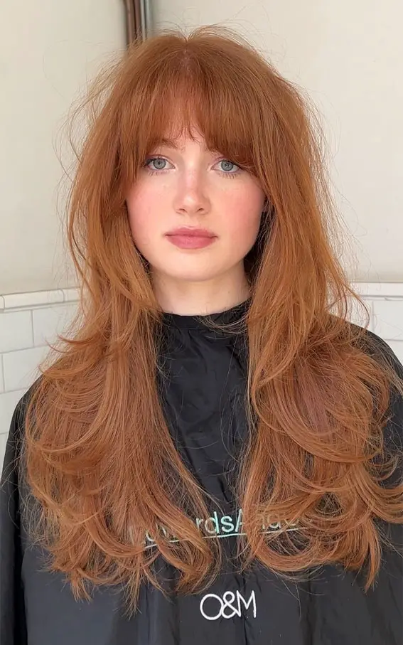 Reddish Copper Blowout With Soft Bangs Reddish Copper Blowout With Soft Bangs — Winter Copper Hair Color