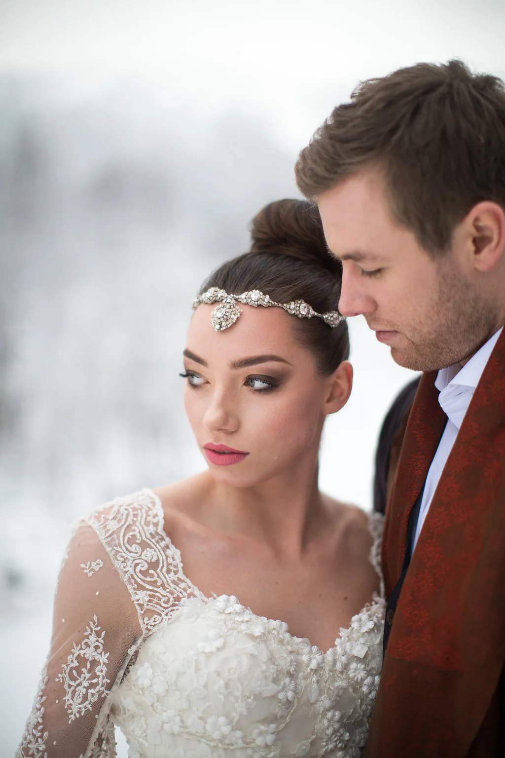 Dark Brown Updo With Ornate Headpiece Dark Brown Updo With Ornate Headpiece — Winter Wedding Hairstyles