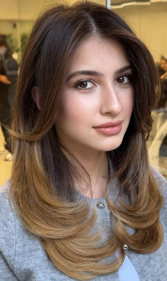 Dark Brown to Honey Blonde Layers Dark Brown to Honey Blonde Layers — Winter Ombre Hair