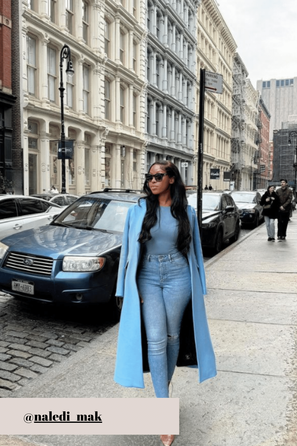 Light Blue Long Coat, Fitted Blue Top, and Ripped Jeans Light Blue Long Coat, Fitted Blue Top, and Ripped Jeans — Winter to Spring Transition Outfits