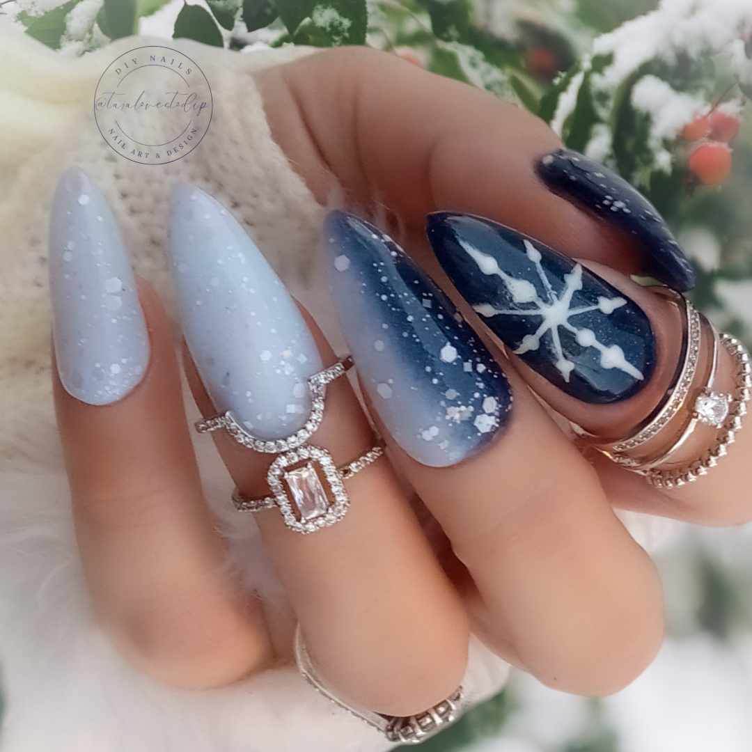Navy Blue Light Blue Snowflake Stiletto — Winter Dip Powder Nails