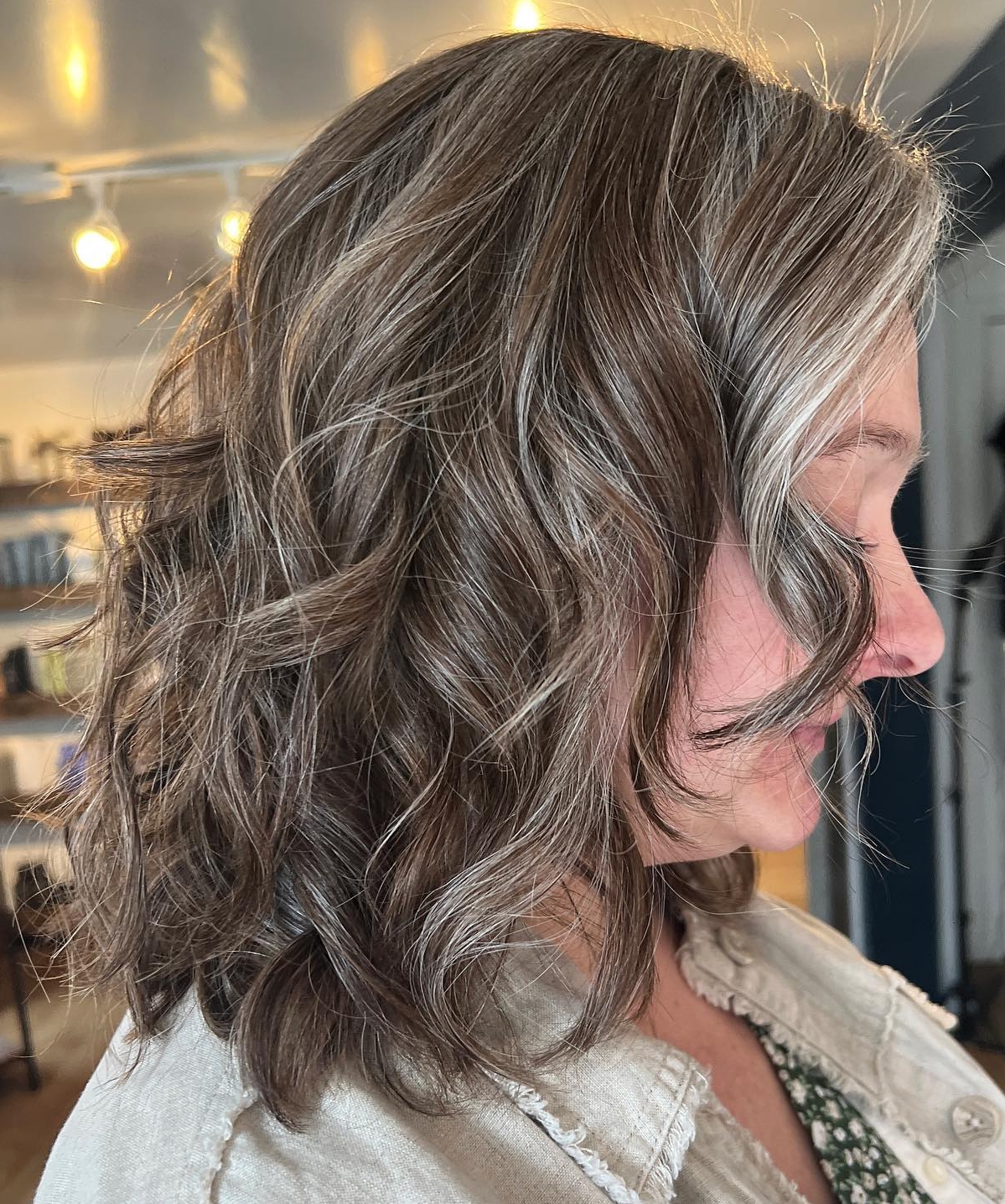 Shoulder-Length With Medium Brown and Gray Highlights Shoulder-Length With Medium Brown and Gray Highlights — Gray Blending Highlights