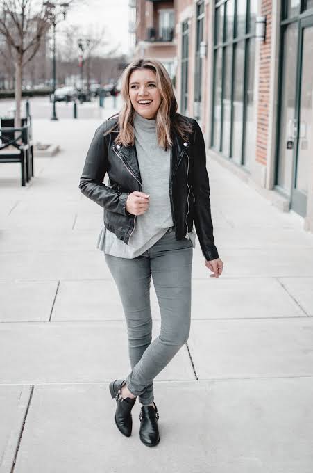Sleek Monochrome: Grey Skinny Jeans with Moto Jacket Sleek Monochrome: Grey Skinny Jeans with Moto Jacket — Winter Outfits with Jeans