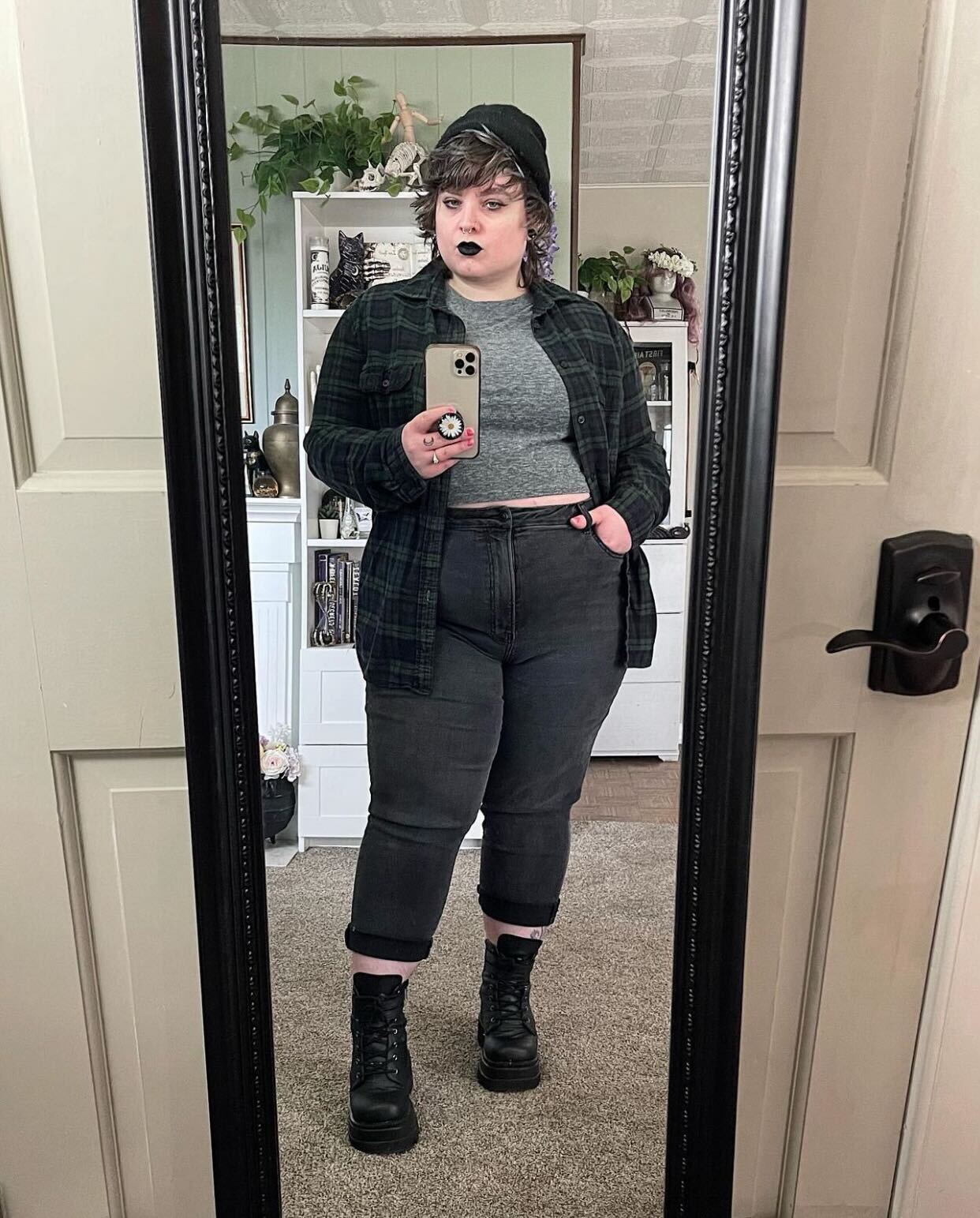 Plaid Flannel Shirt over Crop Top with Platform Combat Boots — Grunge Winter Outfits