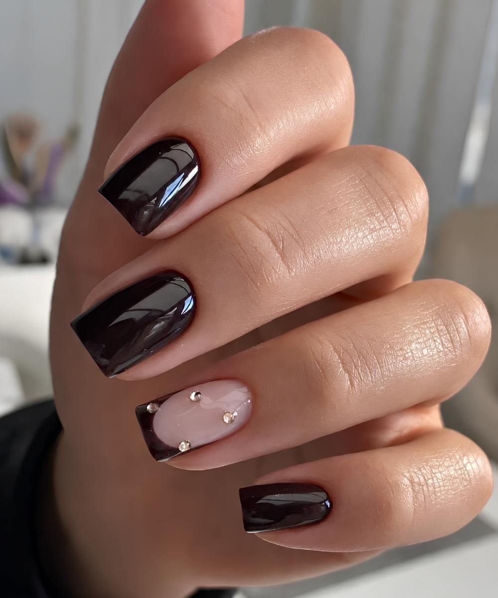 Short Square Deep Brown with Rhinestone Tip — Simple Nail Designs