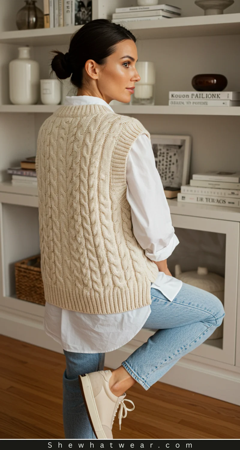 Cable Knit Sweater Vest Over Button-Down Shirt Cable Knit Sweater Vest Over Button-Down Shirt — Sweater Outfits