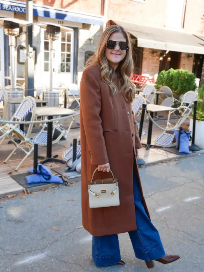 Long Wool Coat with Structured Handbag Long Wool Coat with Structured Handbag — Winter Outfits with Wide Leg Jeans