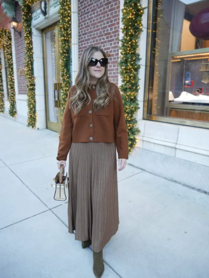 Brown Ribbed Knit Midi Skirt with Matching Cropped Jacket Brown Ribbed Knit Midi Skirt with Matching Cropped Jacket — Winter Skirt Outfits