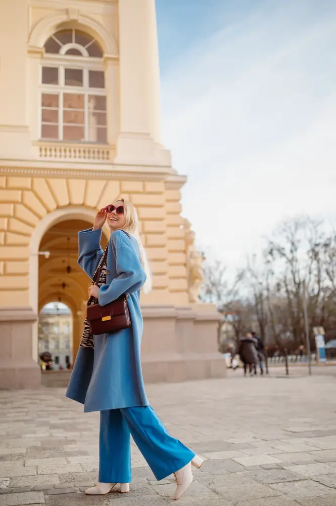Light Blue Wool Coat and Trouser Set — Italy Winter Outfits
