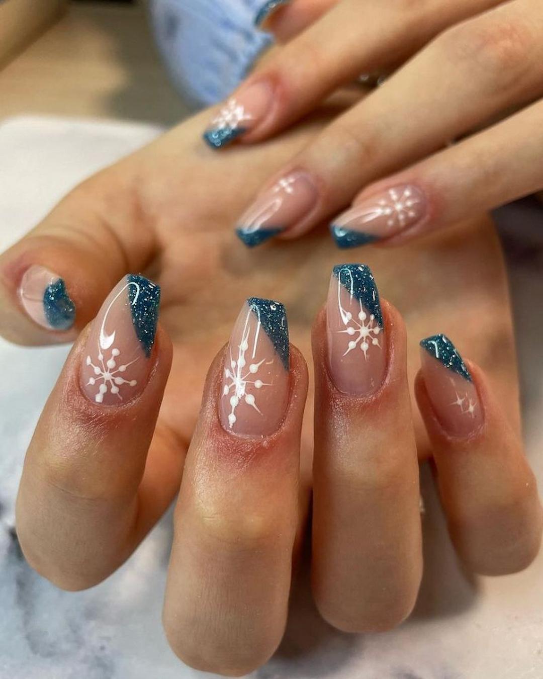 Blue Glitter French Snowflake Coffin Nails — Winter Gel Nails