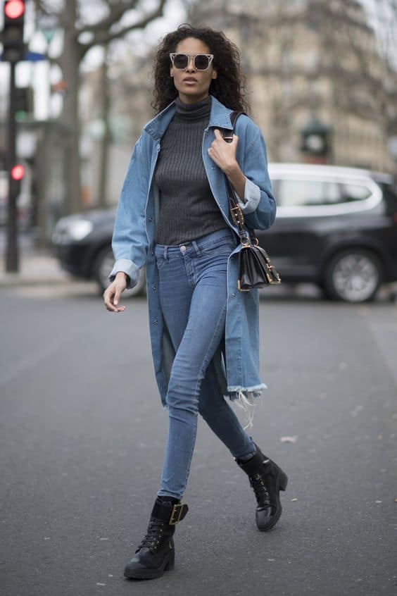 Denim Longline Jacket and Grey Turtleneck with Blue Jeans and Combat Boots Denim Longline Jacket and Grey Turtleneck with Blue Jeans and Combat Boots — Combat Boots Outfits