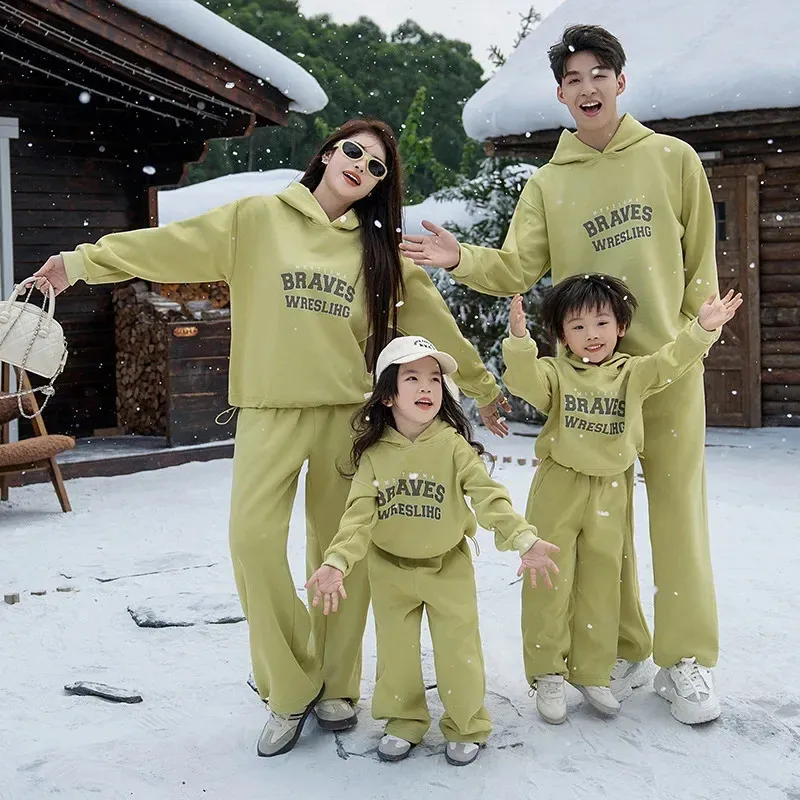 Matching Lime Green Hooded Sweatshirts and Sweatpants for Family Photos — Winter Family Photo Outfits