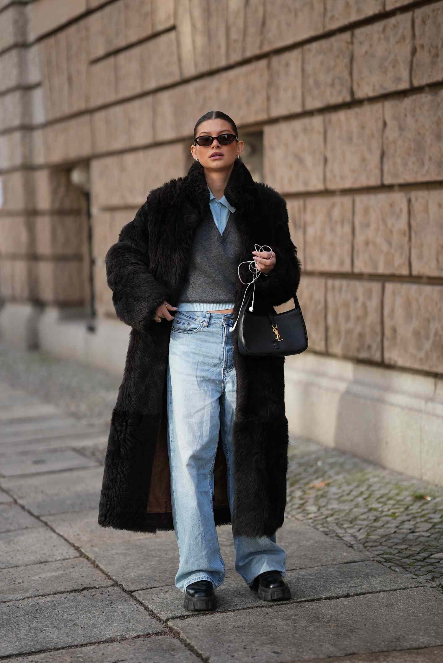 Chic Layers: Long Faux Fur Coat with Wide-Leg Jeans Chic Layers: Long Faux Fur Coat with Wide-Leg Jeans — Winter Outfits for Moms