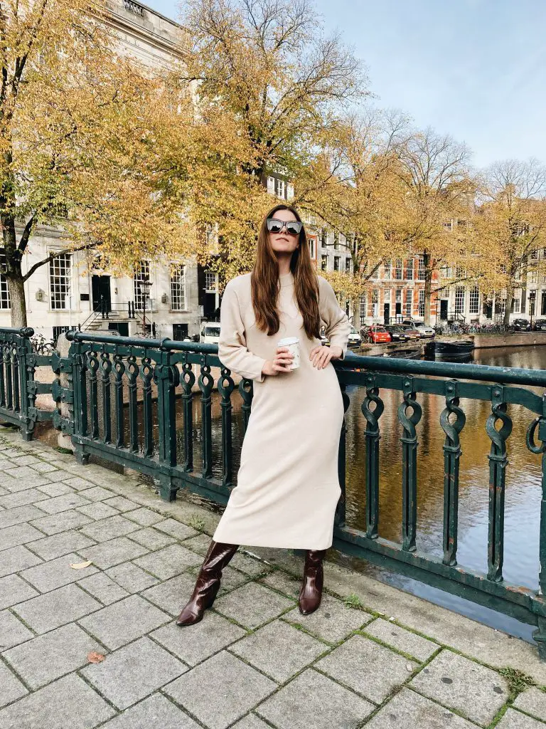 Beige Mid-Calf Sweater Dress with Knee-High Boots Beige Mid-Calf Sweater Dress with Knee-High Boots — Sweater Dress Outfits