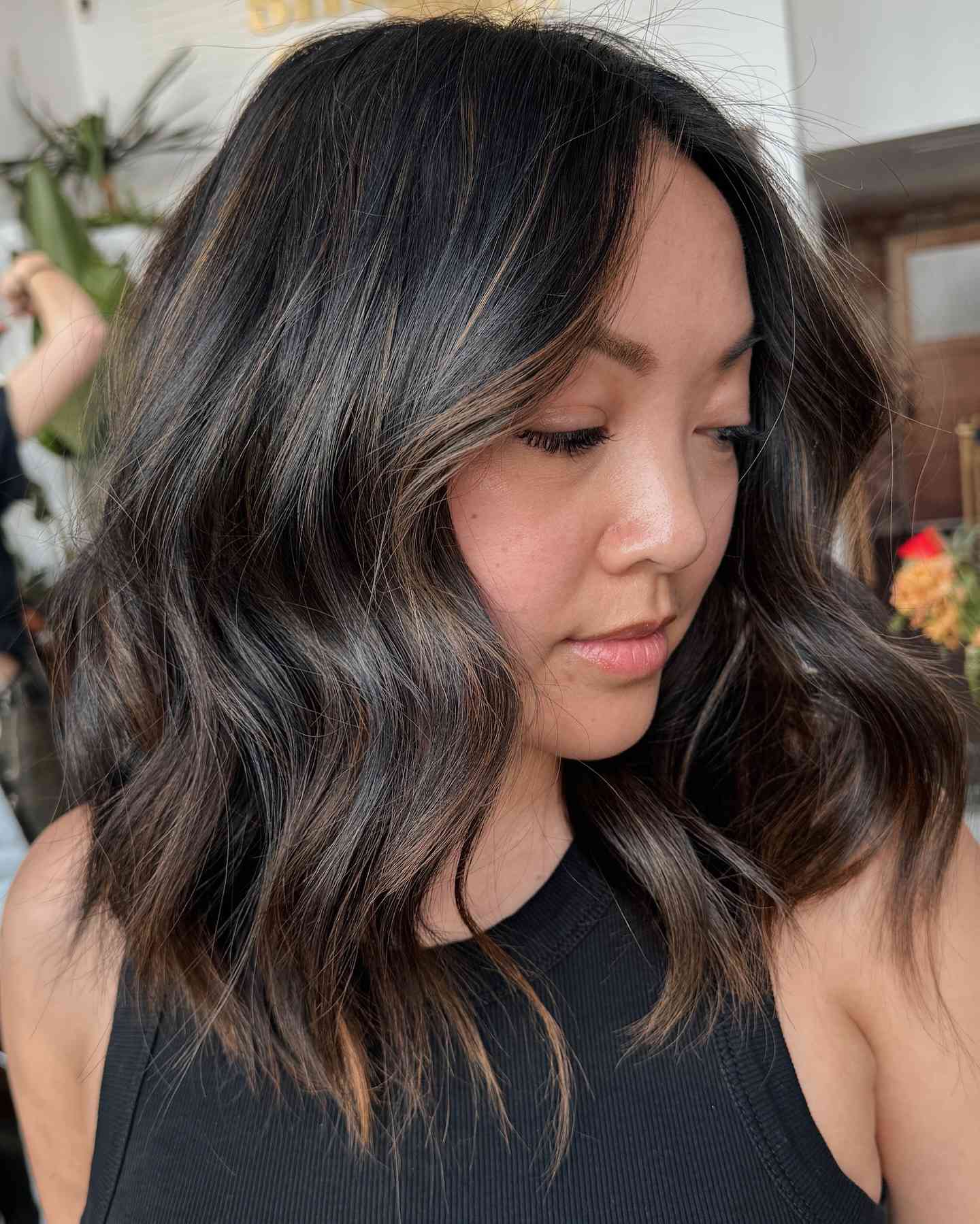 Dark Ash Brown Lob With Textured Waves Dark Ash Brown Lob With Textured Waves — Dark Winter Hair Colors