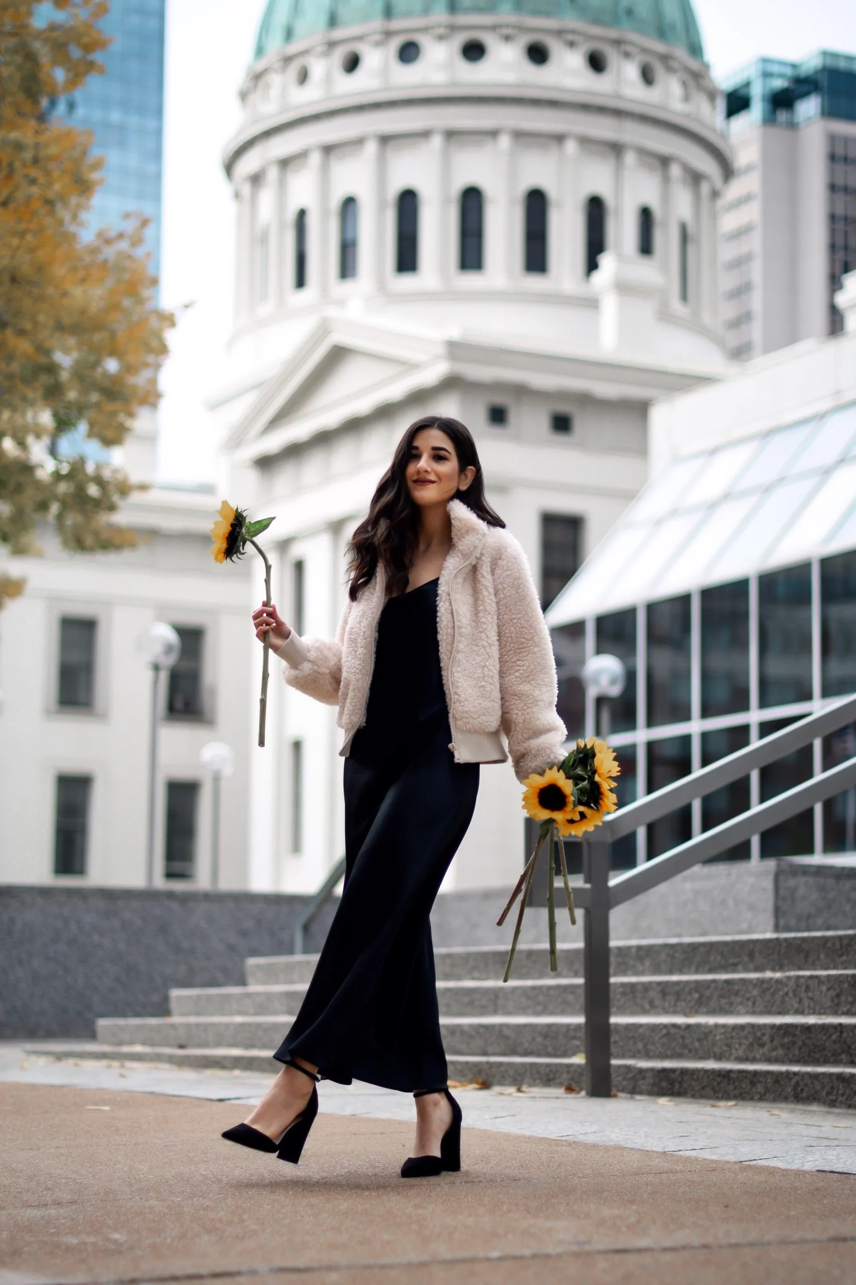 Cream Faux Fur Jacket with Black Slip Dress — Shearling Coat Outfits