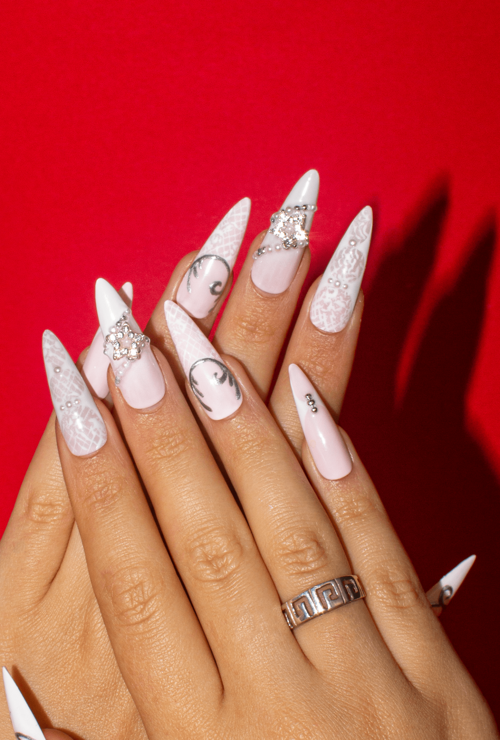 Pale Pink Lace Rhinestone Stilettos Pale Pink Lace Rhinestone Stilettos — Winter Stiletto Nails