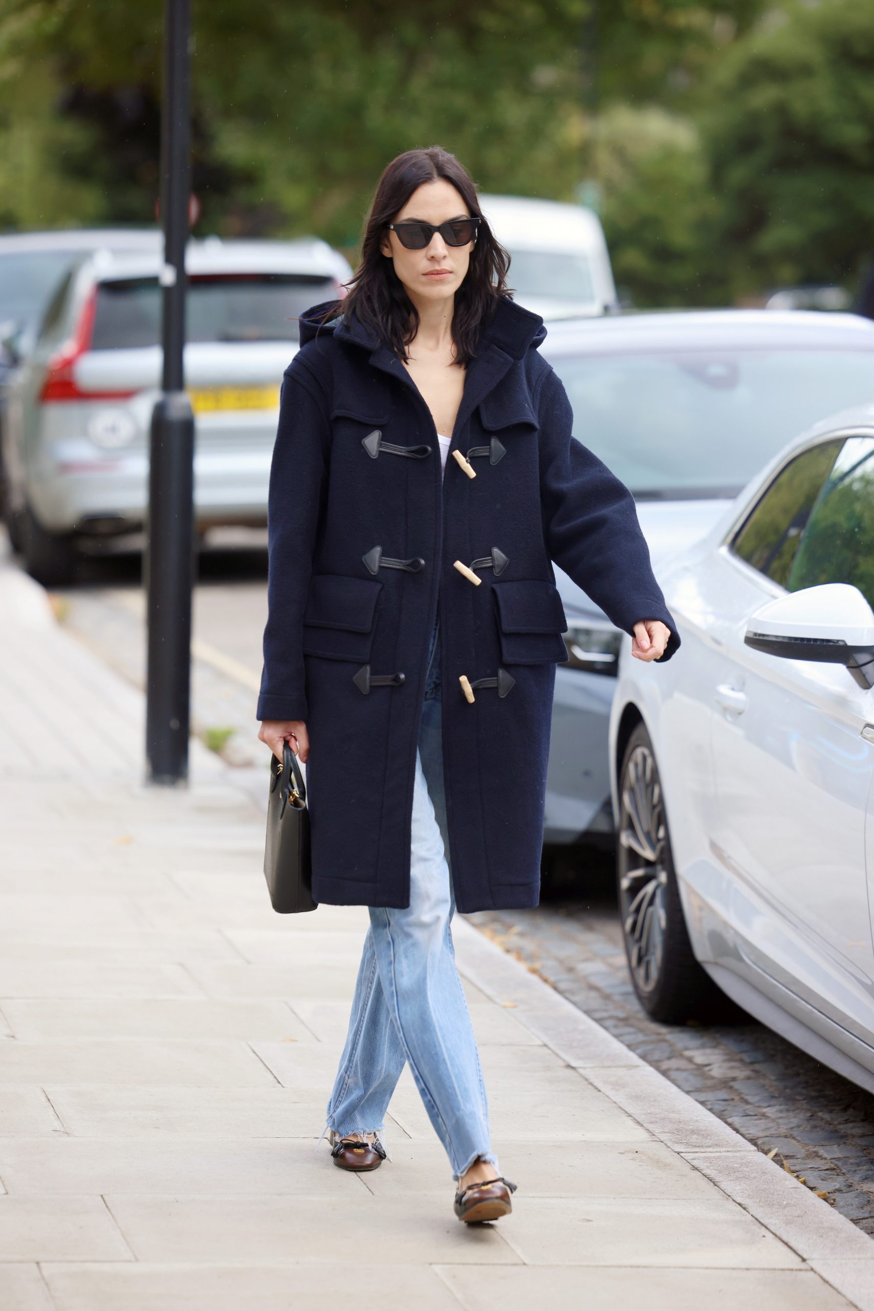 Navy Duffle Coat with Wide-Leg Jeans and Platform Heels — Car Coat Outfits